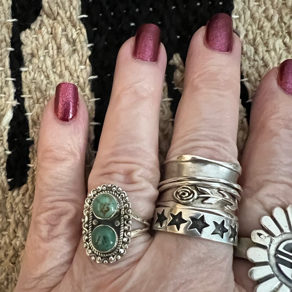 ❤️ Kingman Turquoise 2 Stone 925 Sterling Decorative Sz 6.75 Navajo Ring 3.8 Gm - Picture 3 of 17